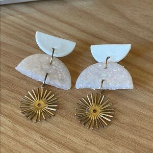 White Iridescent Druzy & Gold Sunburst Drop Earrings